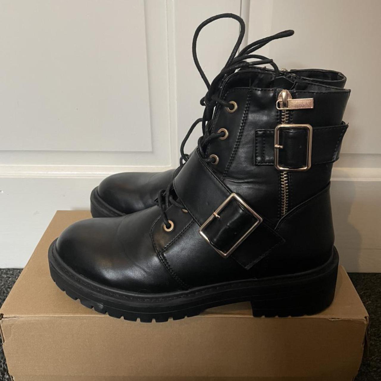 Chunky black boots Buckle details Worn once, few... - Depop