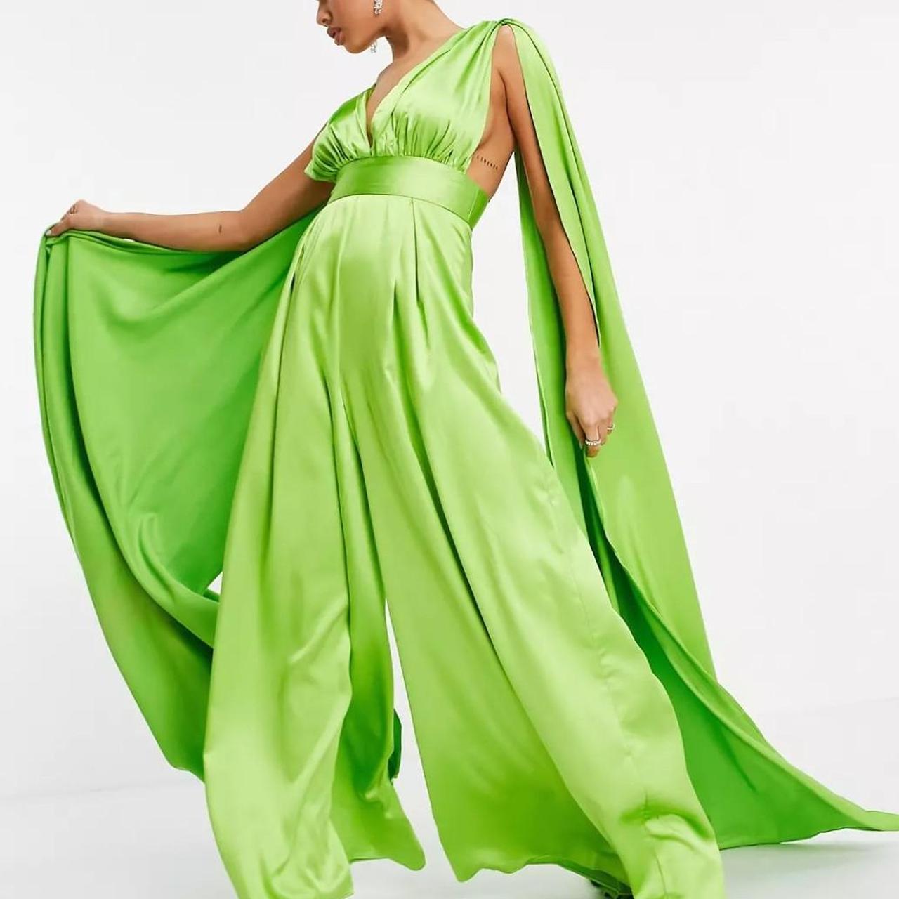 satin lime green jumpsuit with shoulder... Depop