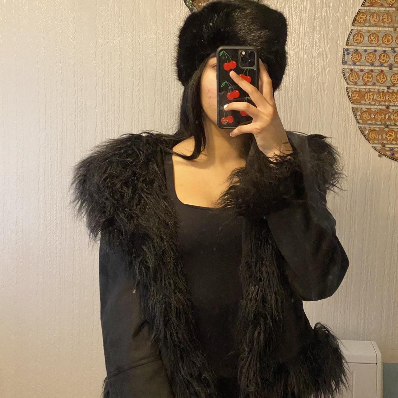 new urban outfitters black y2k faux fur trim afghan... - Depop
