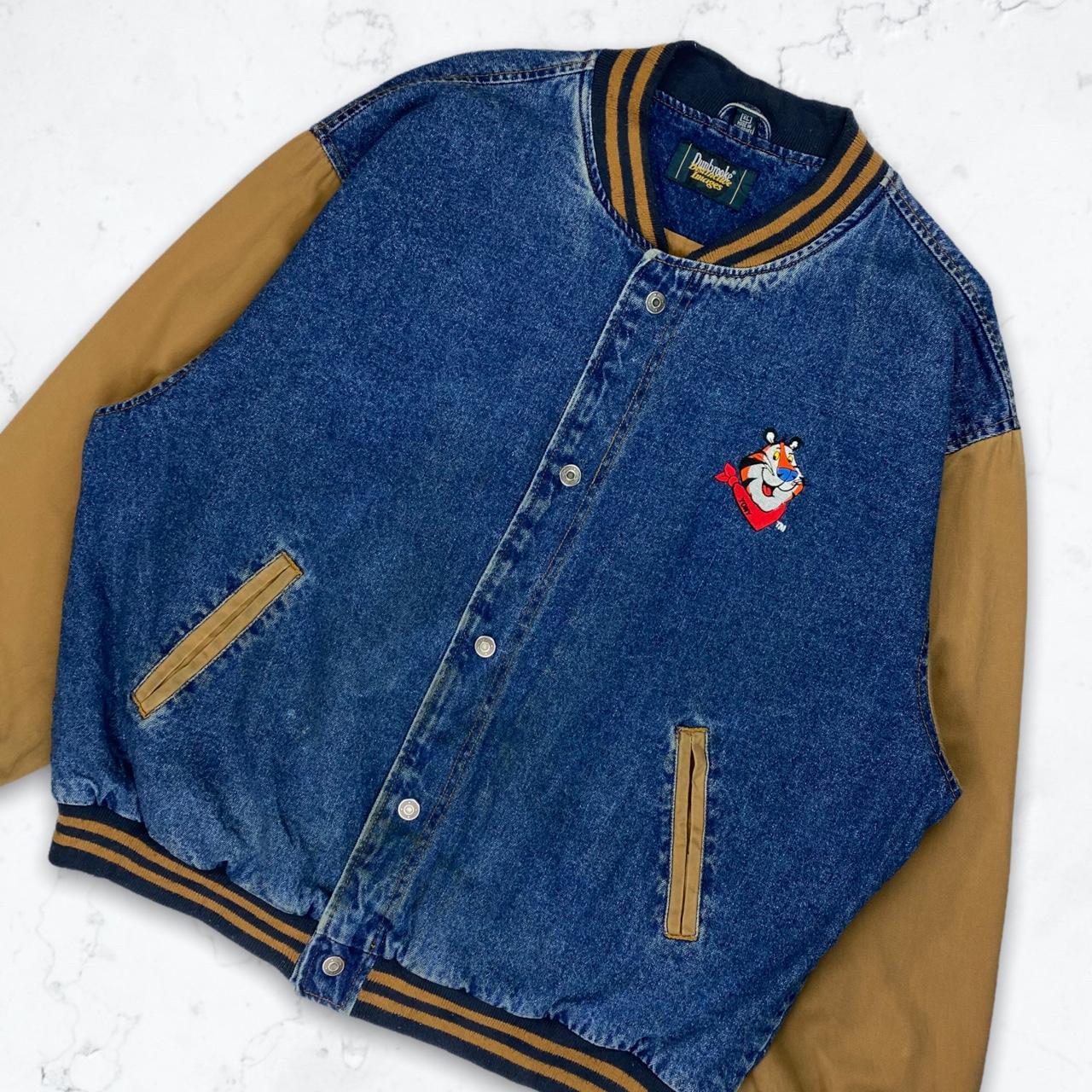 Vintage Denim Varsity Jacket. 90’s Tony the Tiger... Depop