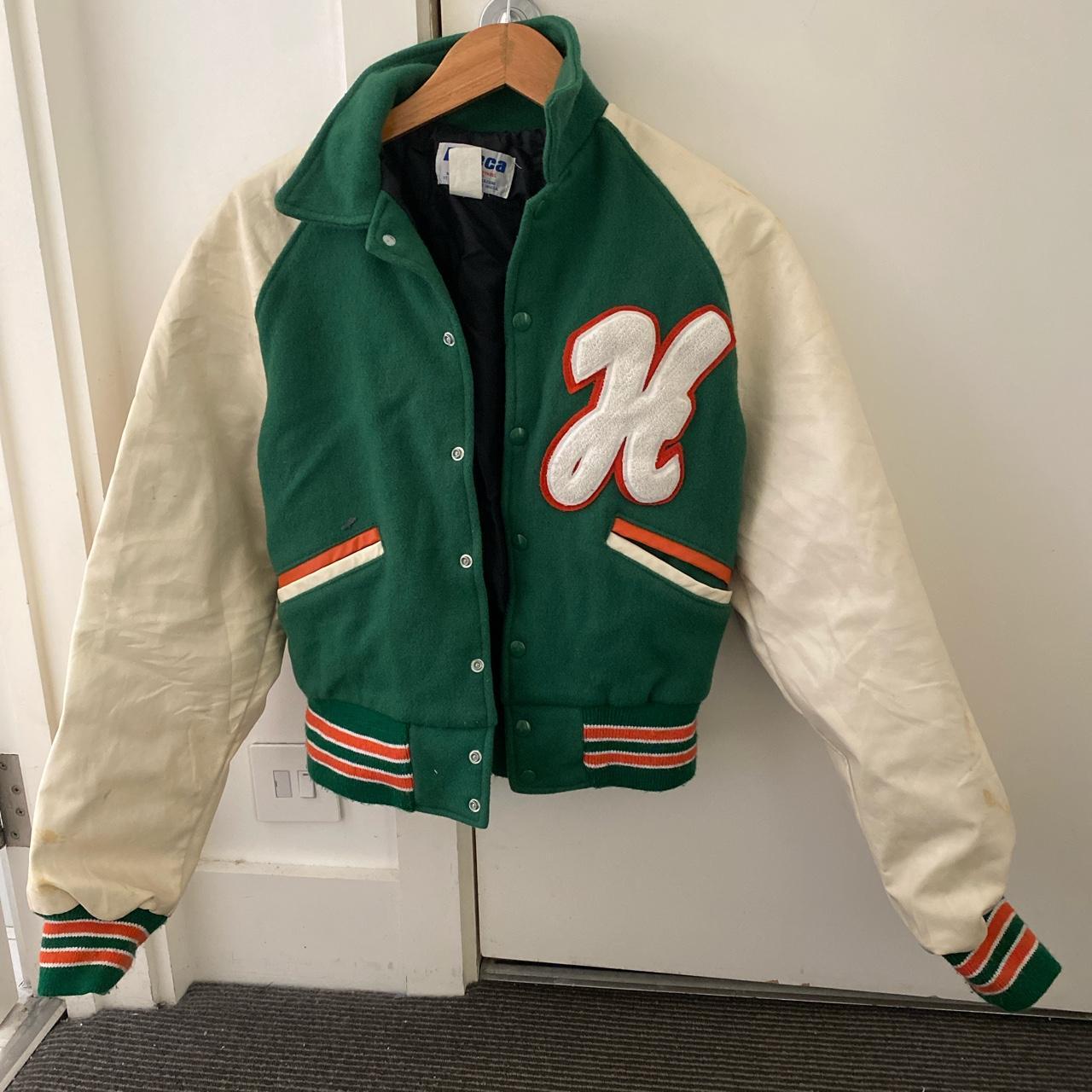 Unisex green and white vintage varsity jacket with... Depop