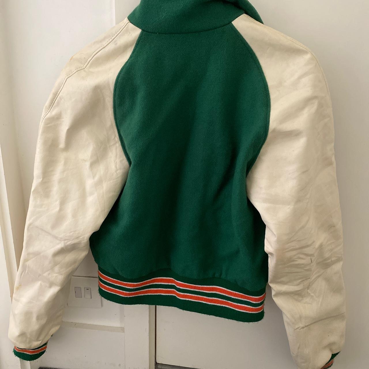 Unisex green and white vintage varsity jacket with... Depop