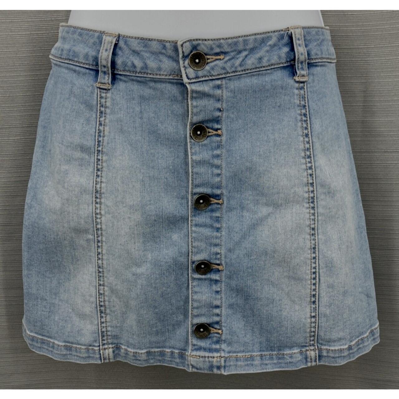 Y2K Mini Faded Blue Jean Skirt Full Button Stretch... - Depop