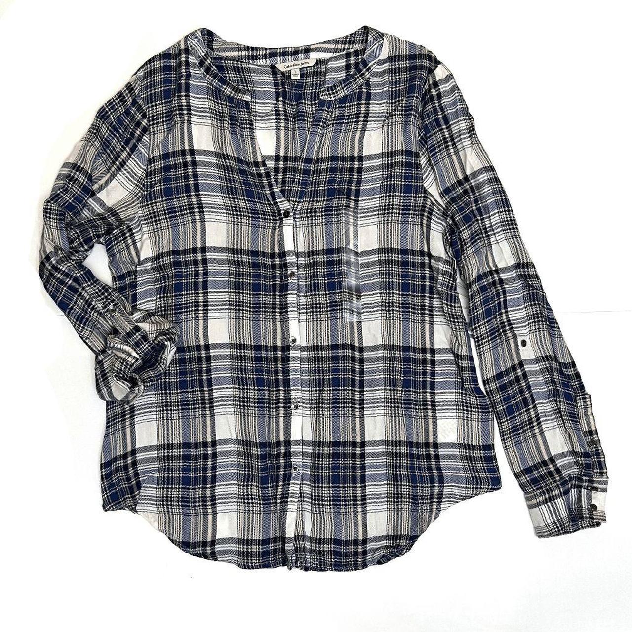 Calvin Klein Jeans Women's Size L Plaid V-Neck Roll... - Depop