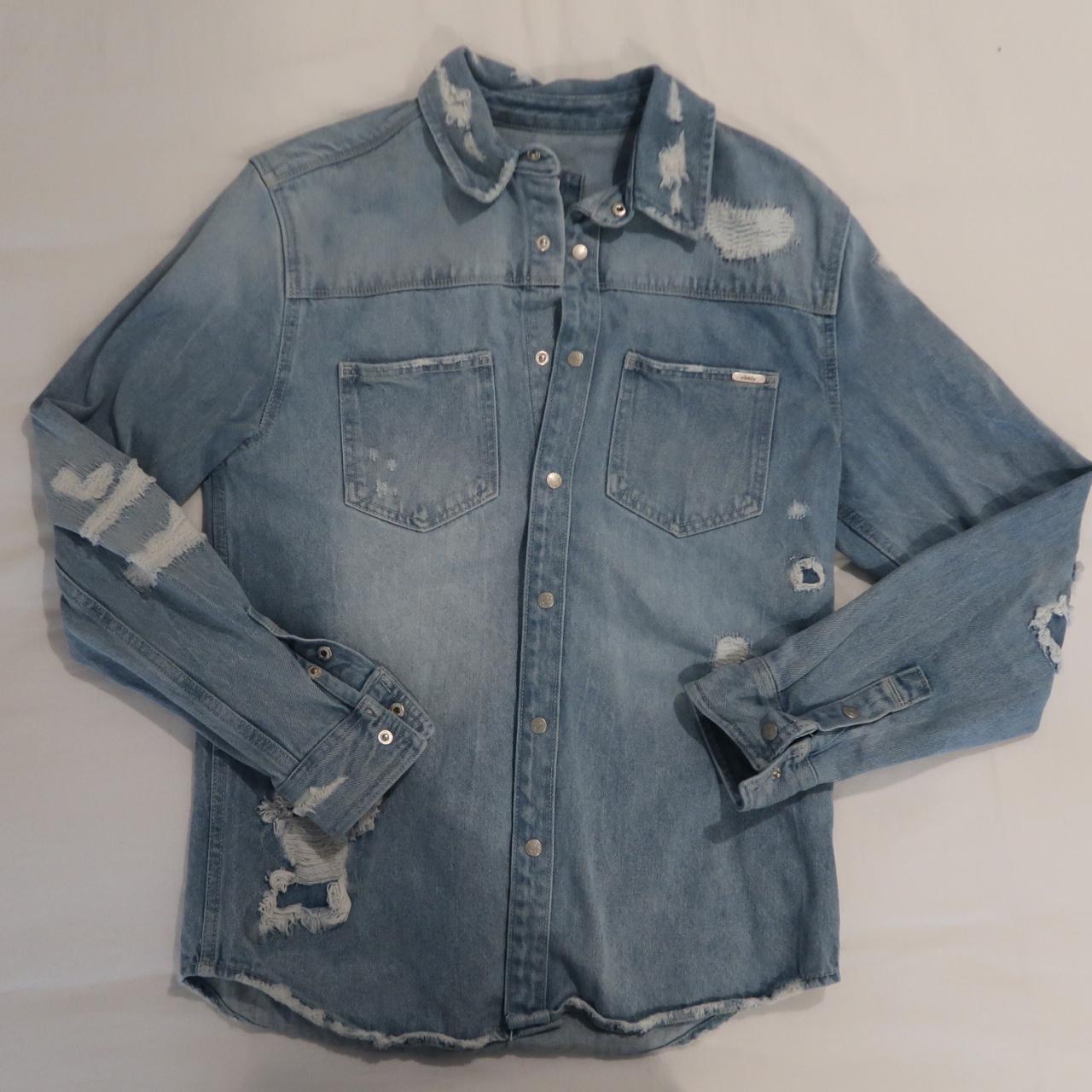 men's zara ripped denim button-up shirt,