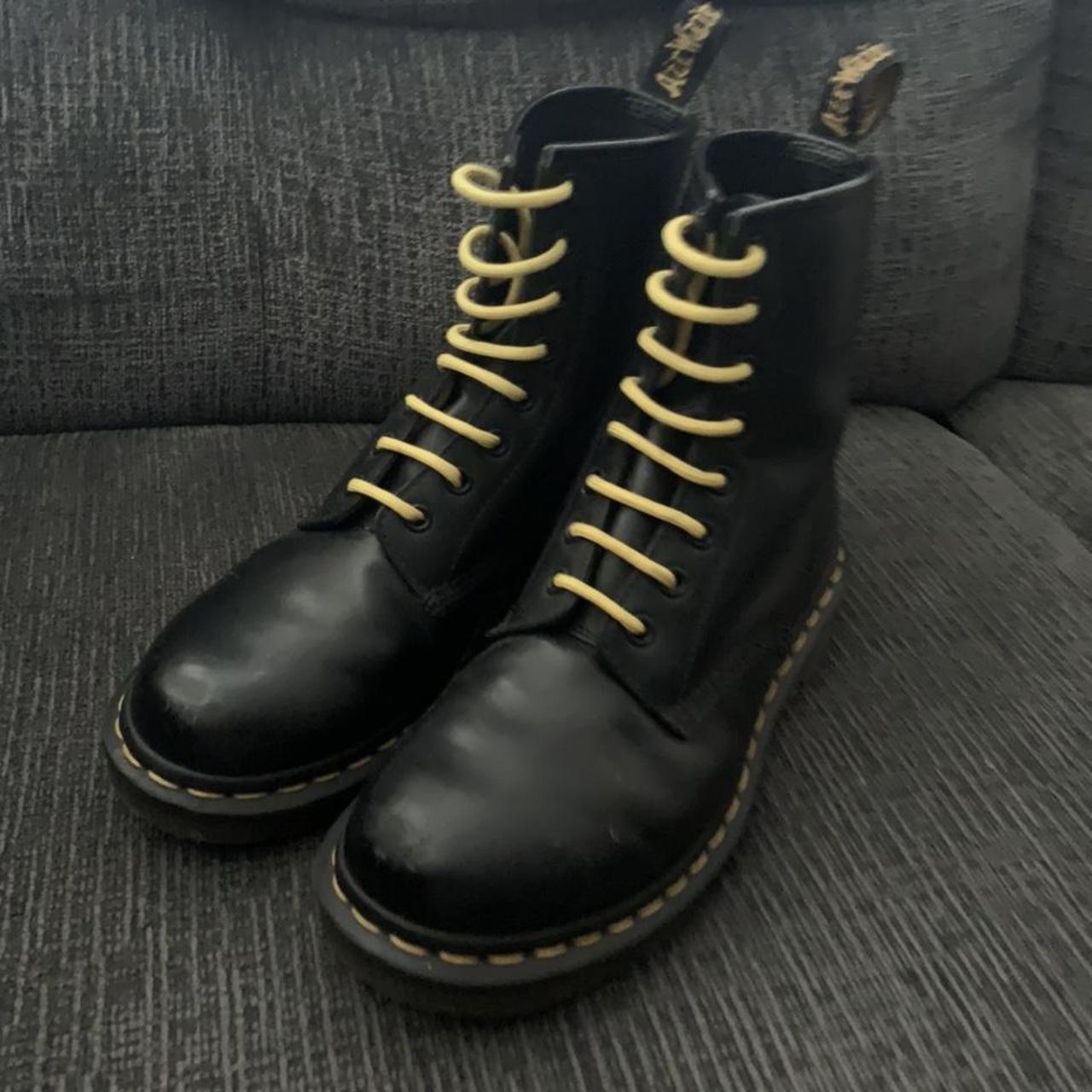 stack Ash Theory of relativity Dr Martens 1460 - Black w/ yellow laces 🖤💛 Size... - Depop