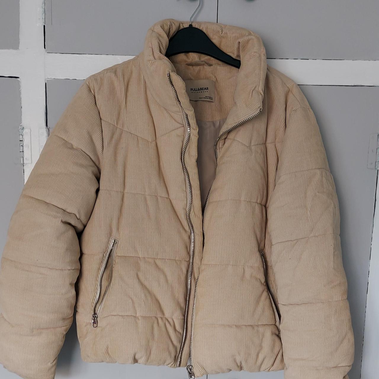 Pull&Bear Puffer Coat ♡ Cream corduroy puffer coat ♡... - Depop