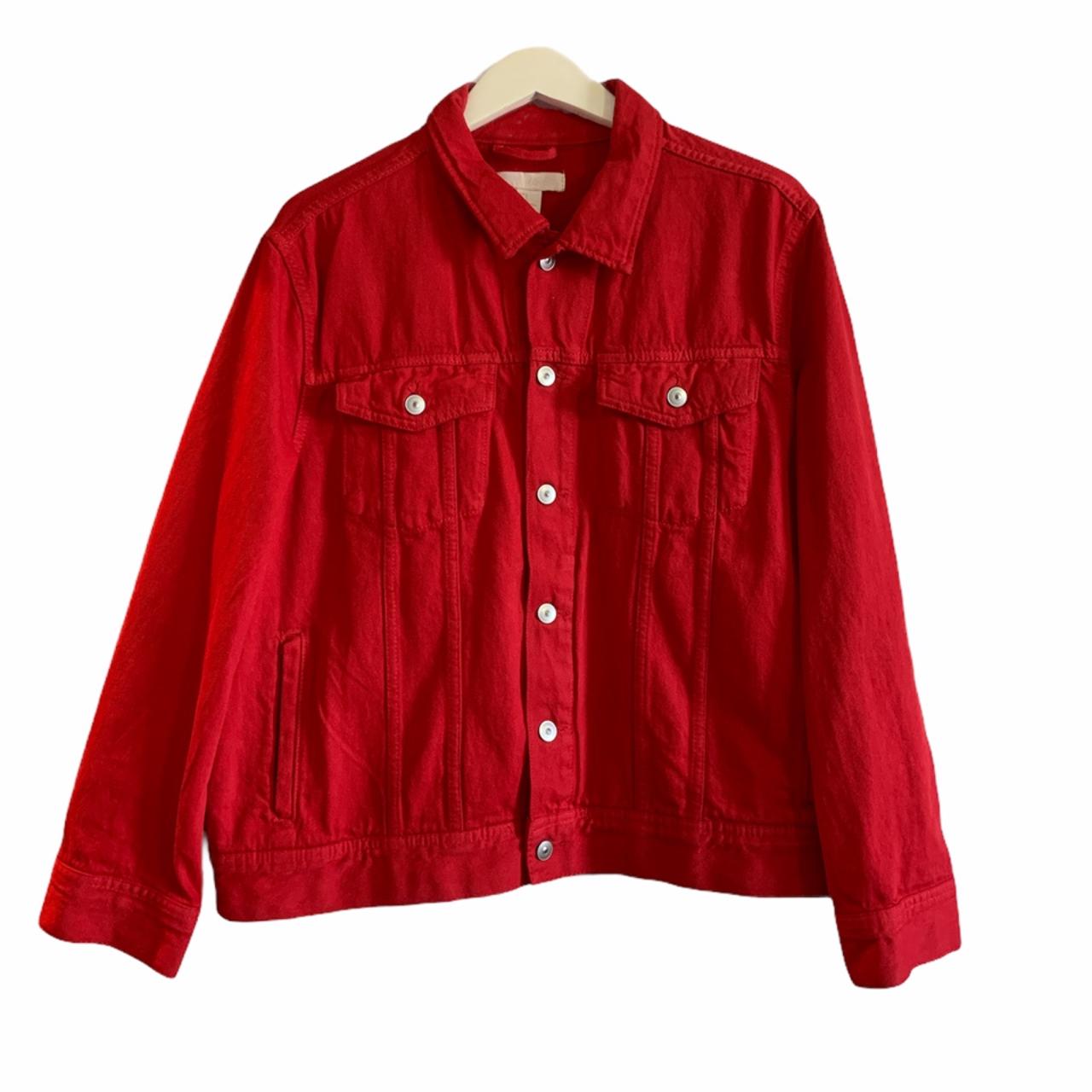 oversized red denim jacket. only worn once. - Depop
