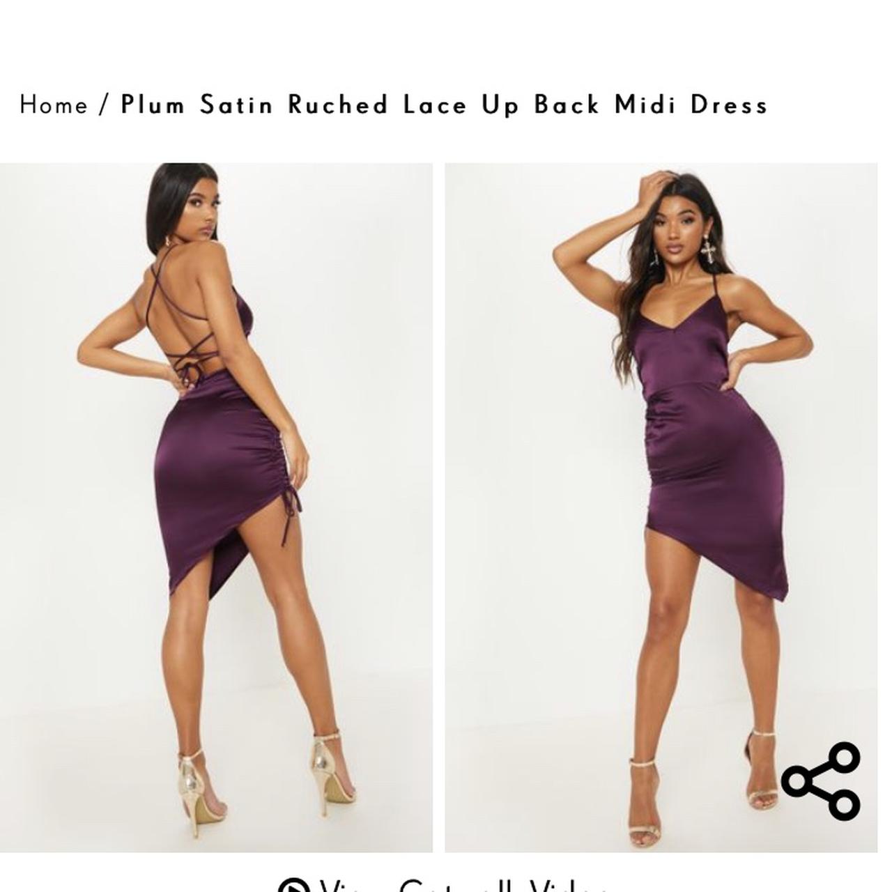 Plum satin ruched lace 2025 up back midi dress