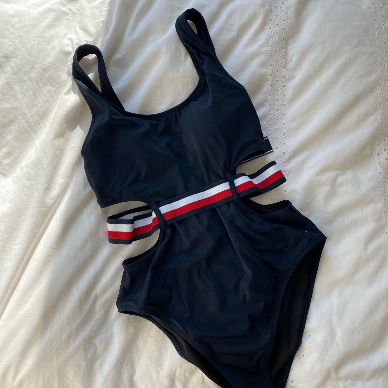 Tommy Hilfiger navy swimsuit with striped elastic... - Depop