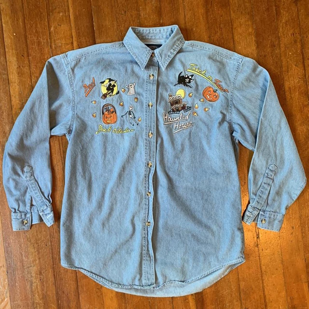 Vintage Denim Halloween Stitched button up shirt.... - Depop