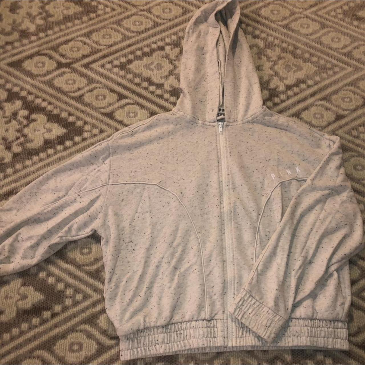 victoria-s-secret-women-s-grey-and-white-hoodie-depop