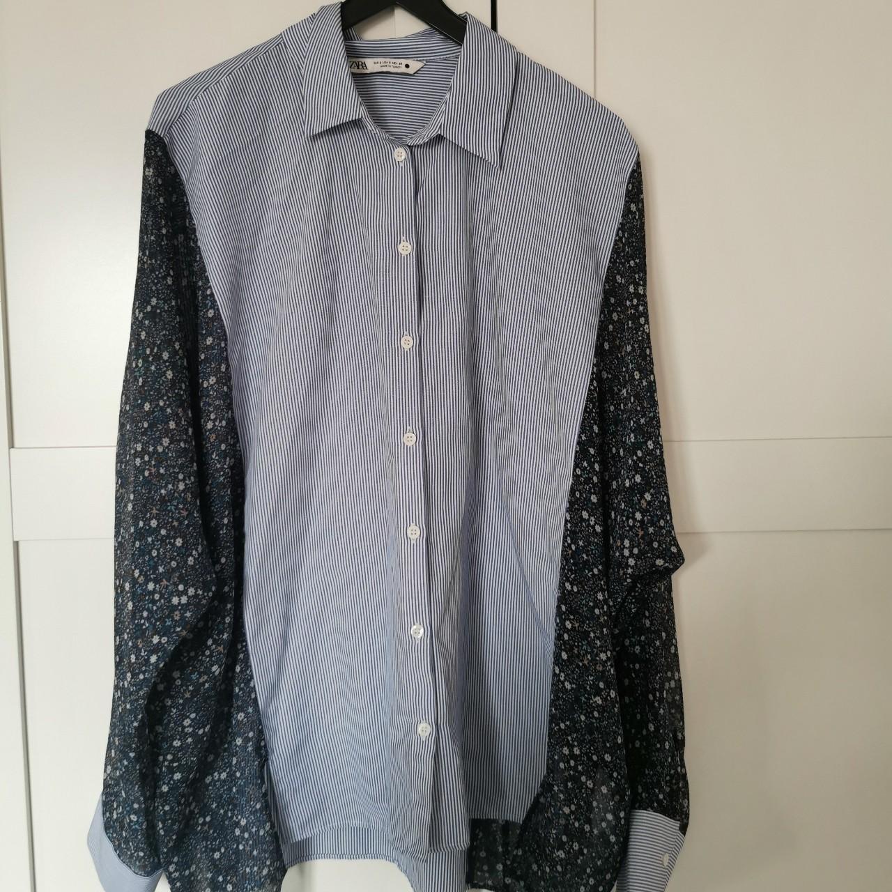 Zara pin-stripe shirt with floral sleeves and sides.... - Depop