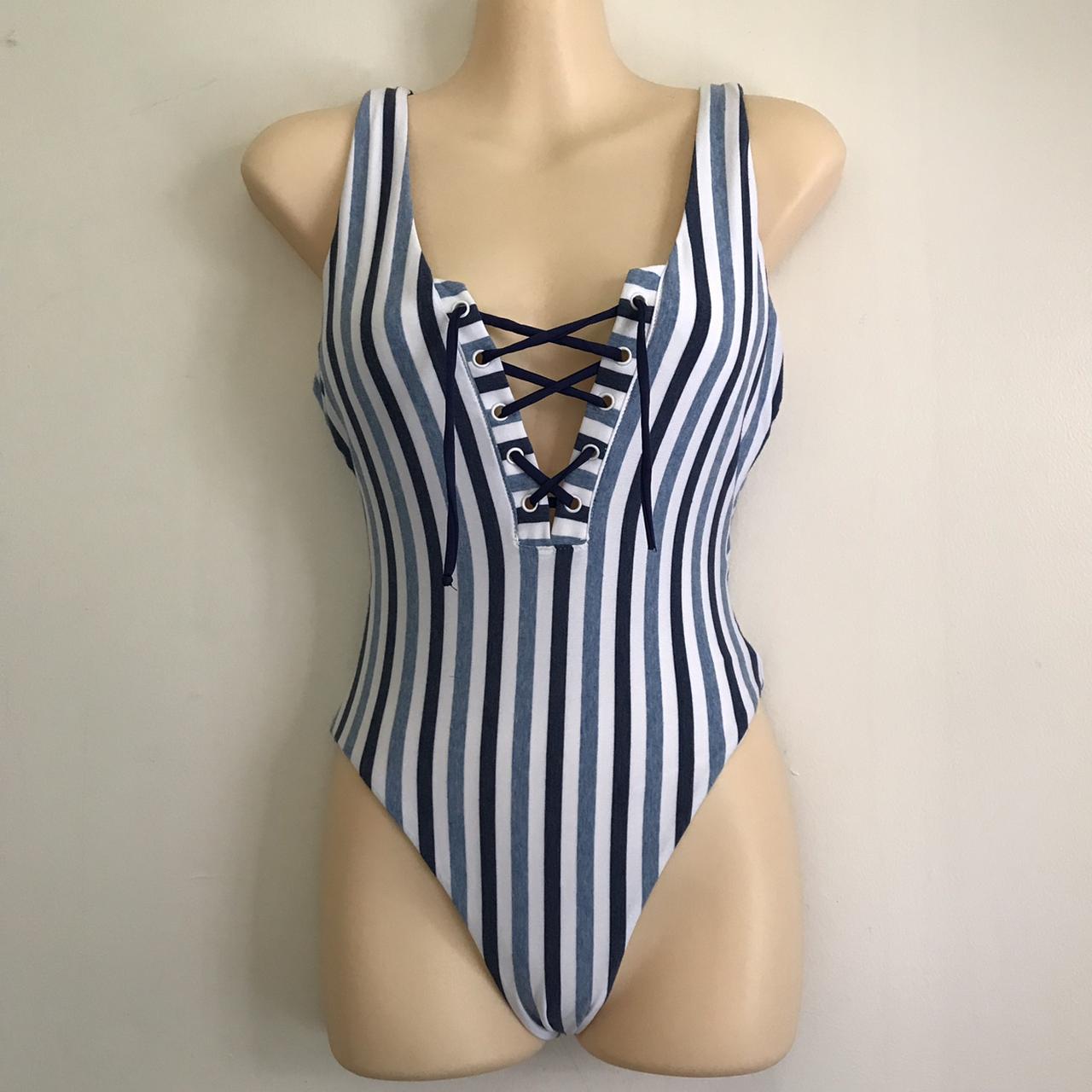 One Piece Striped Bathing Suit With Lace Up Design Depop