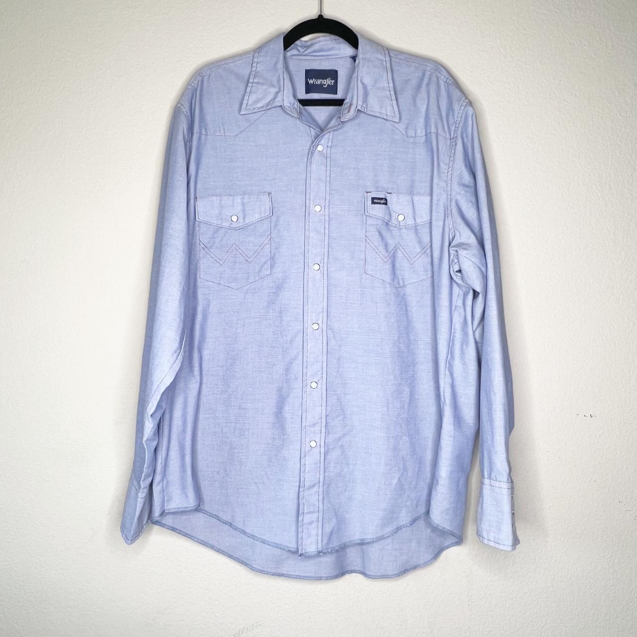 Wrangler Men's Light Blue Button Down Top Size 17... - Depop