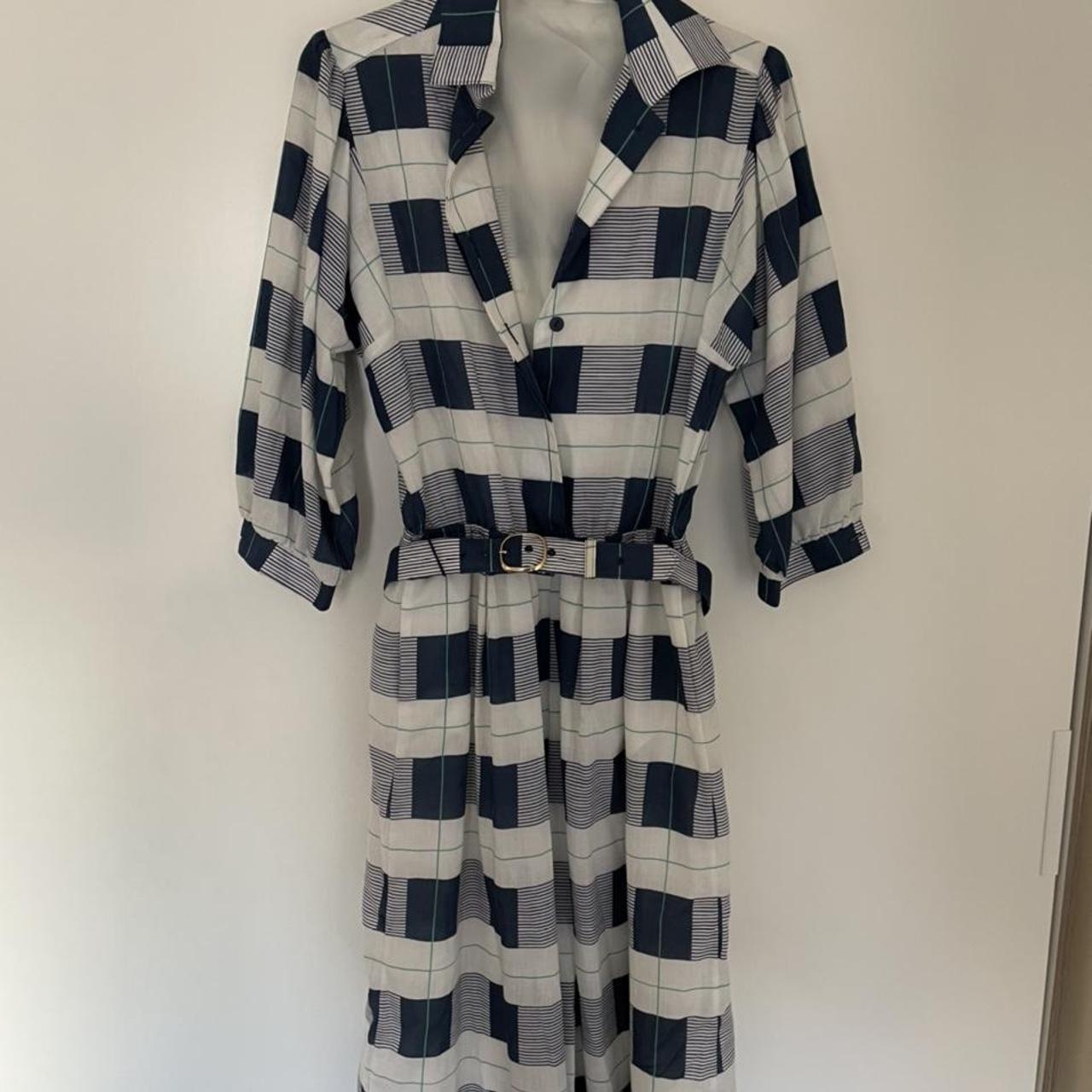 Blue, white check midi dress with belt. Brought... - Depop