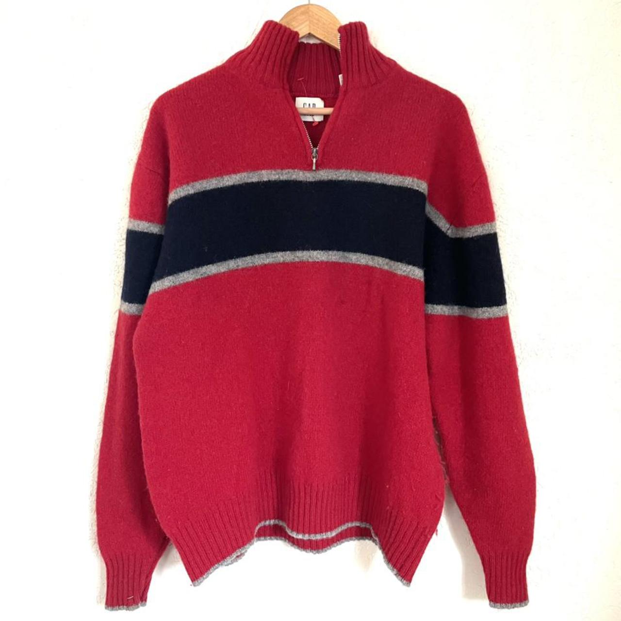 1990s red and navy 100% wool Gap zip up pull over... - Depop