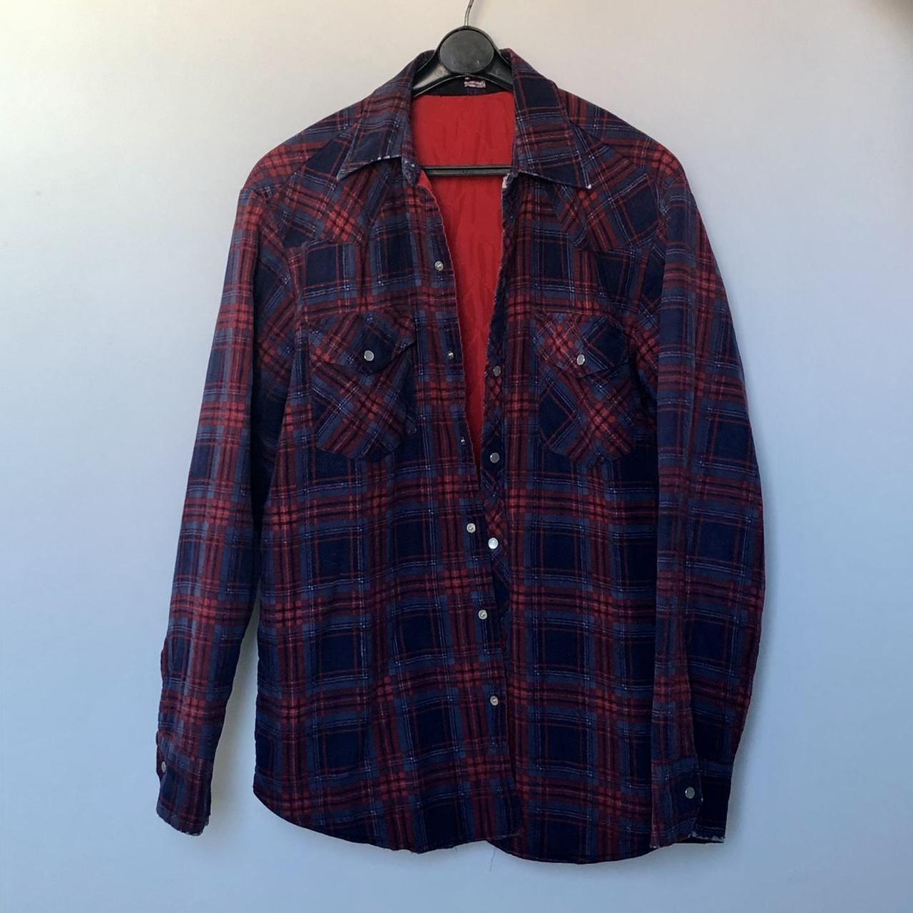 Flannel jacket, blue and red, red quilted lining.... - Depop