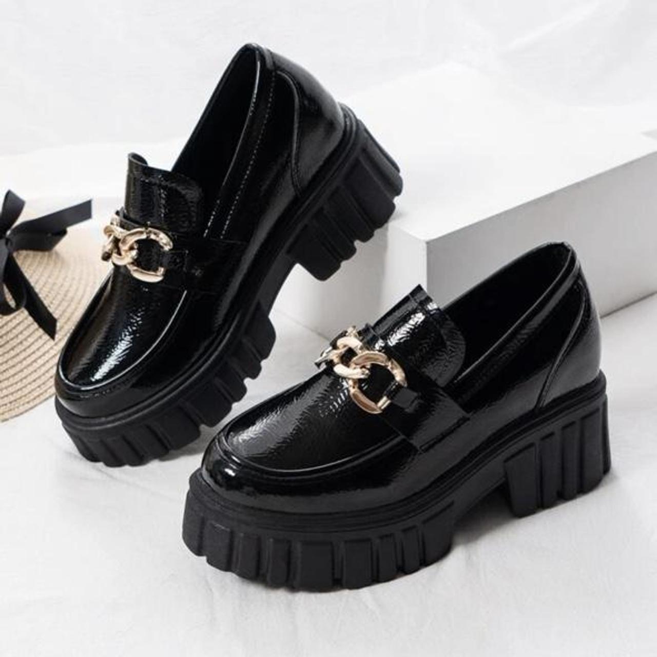 Shein chunky platform loafers in black decor chunky... - Depop