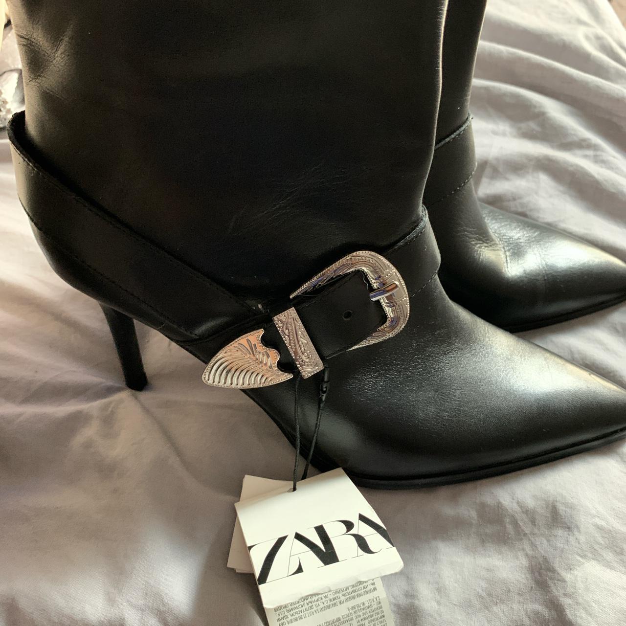 Zara black leather heeled boots with cowboy Buckle - Depop