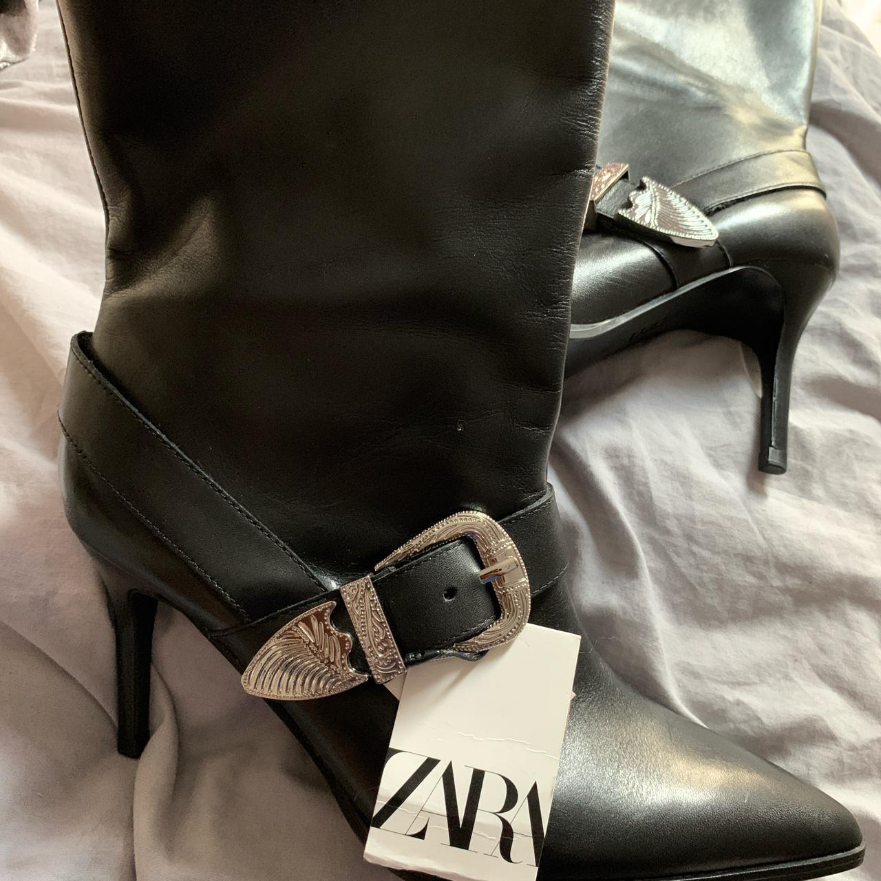 Zara black leather heeled boots with cowboy Buckle - Depop