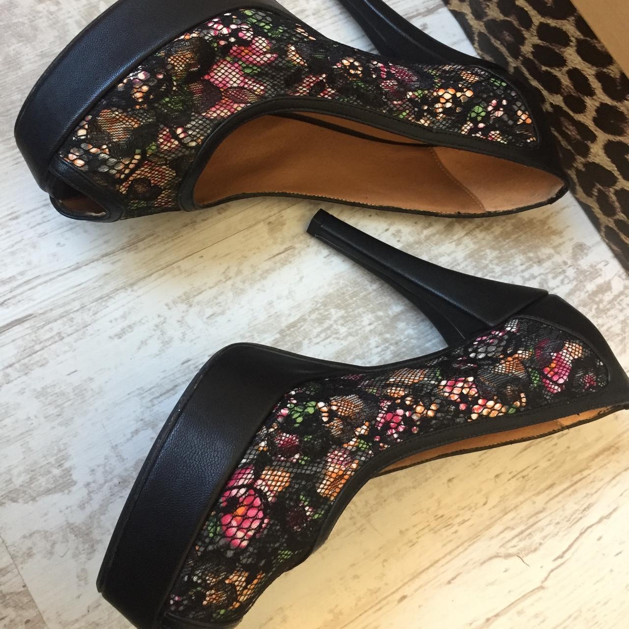 Mouscou Black Floral Lace mesh peep toe platform... - Depop