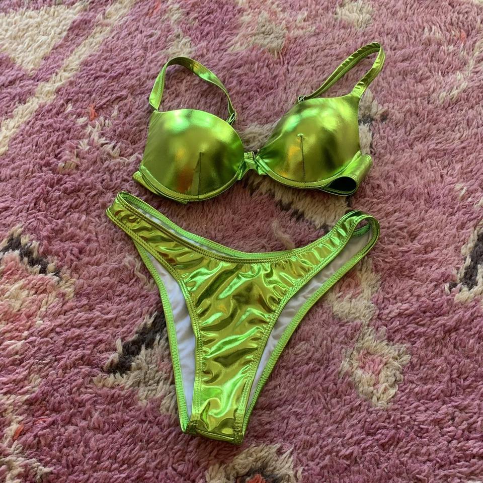 iheartraves two piece mesh sparkle neon green bikini - Depop