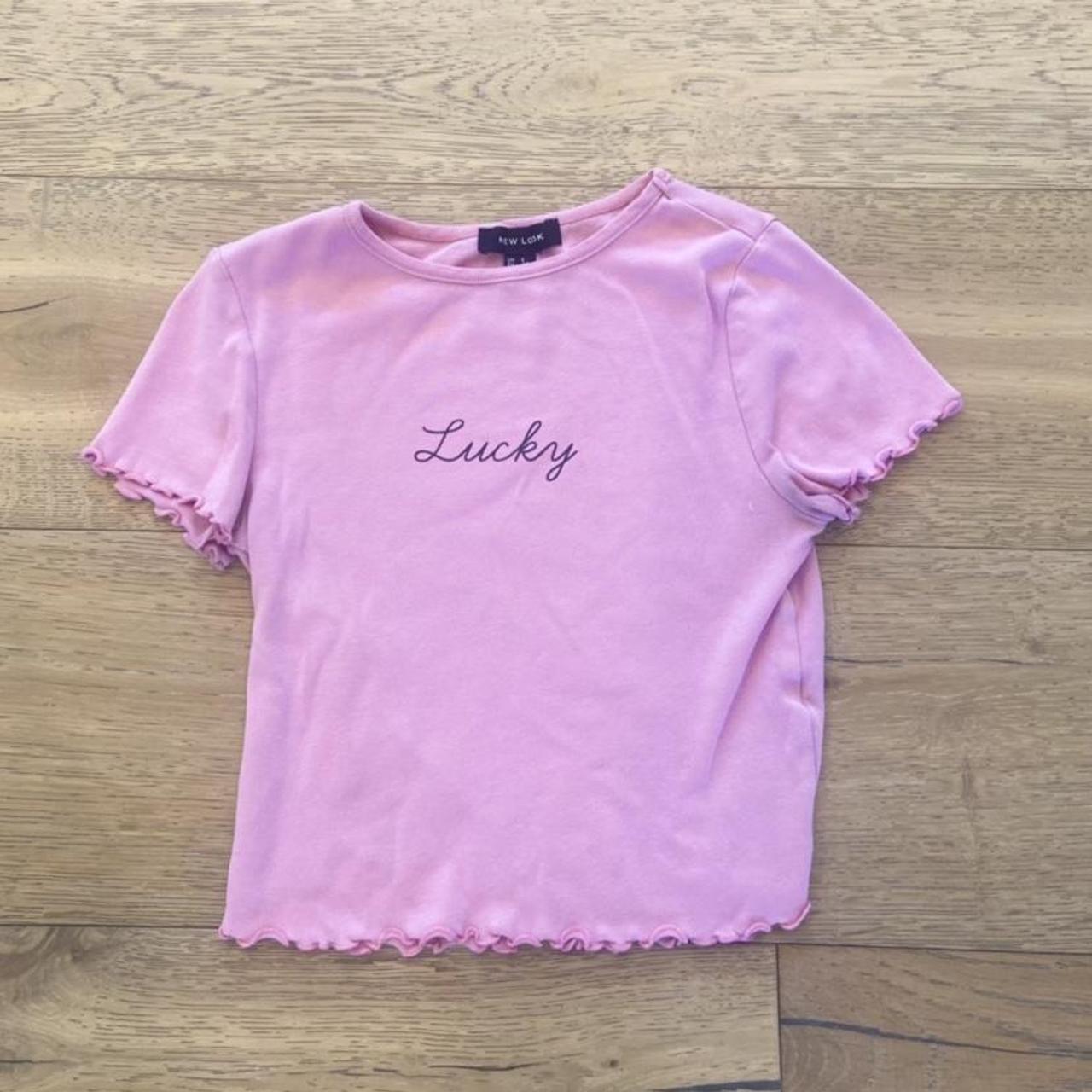 New Look “Lucky” pink Tshirt with lettuce hemming... Depop