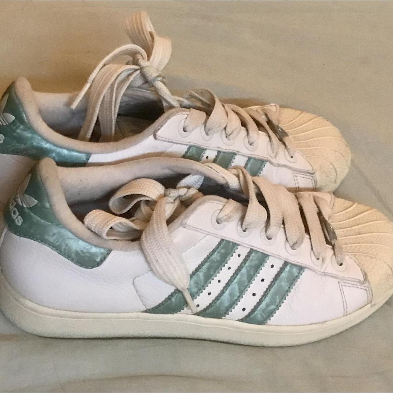 Metallic teal patterned Adidas!! US women's size... - Depop