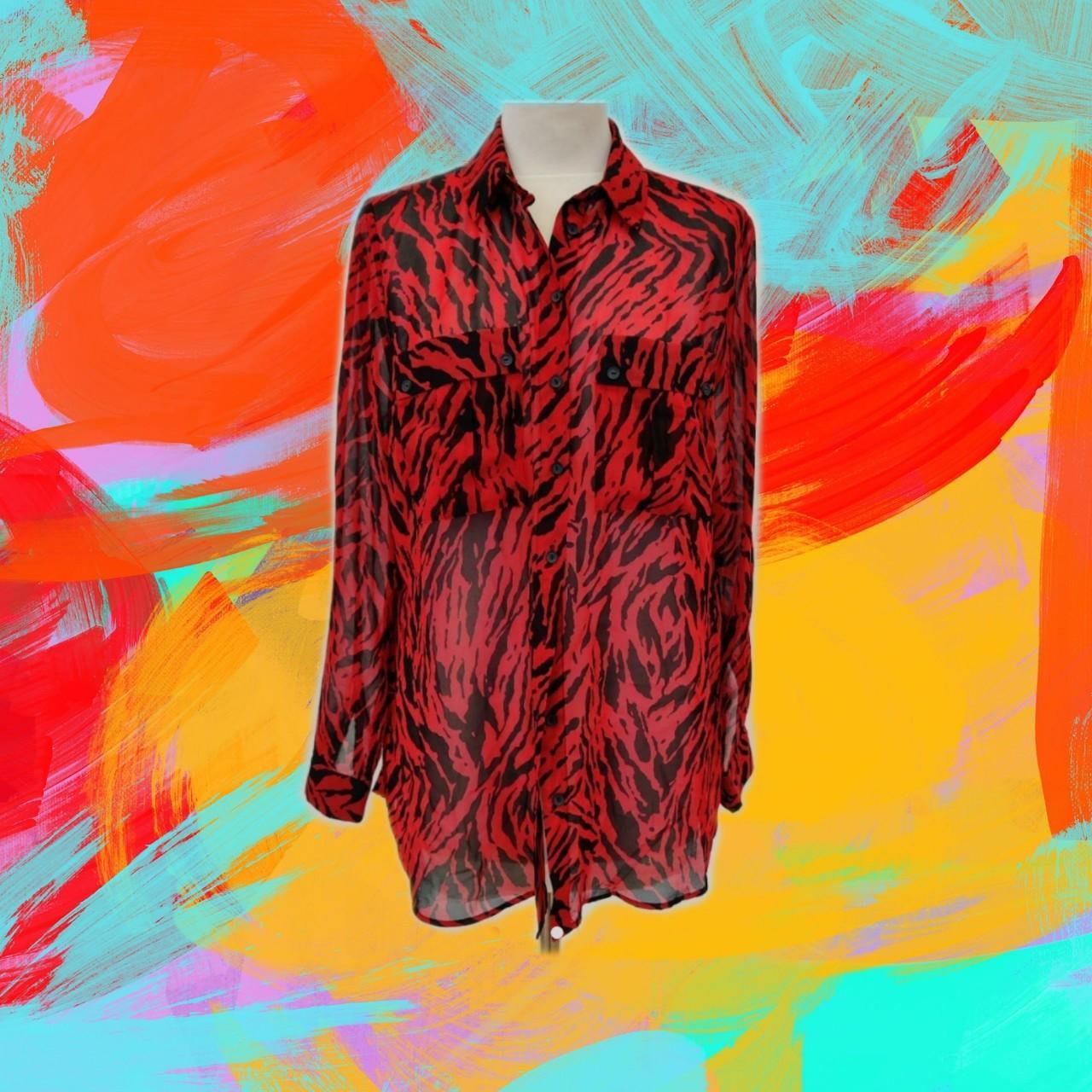Red and black zebra print long sleeve sheer shirt.... Depop