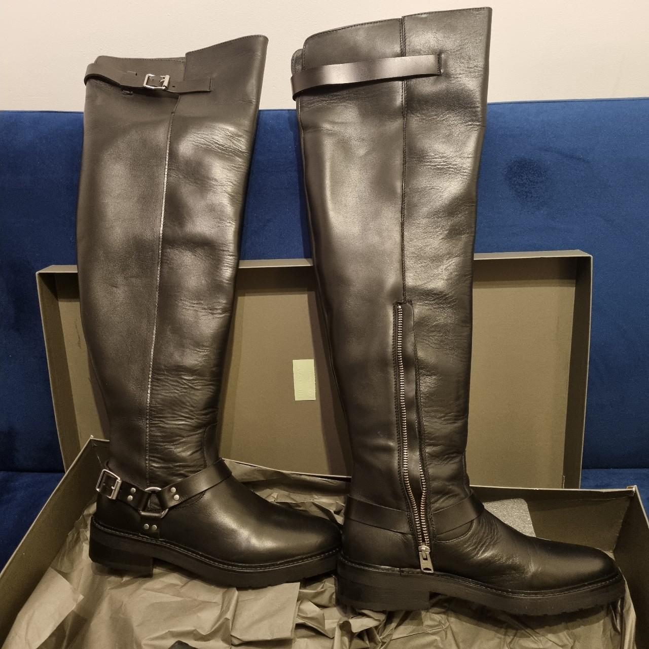 All Saints black leather knee high boots with silver... - Depop