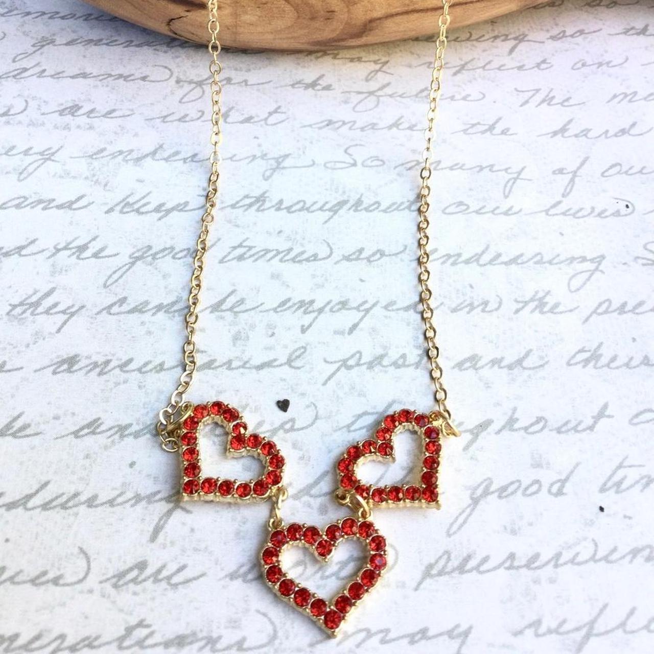 Triple Heart Necklace Red Rhinestones Gold... - Depop