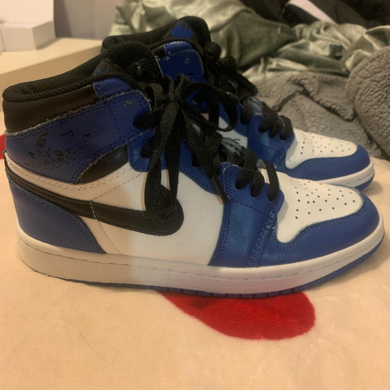 blue and white and black jordan 1 high size 4 UK... - Depop