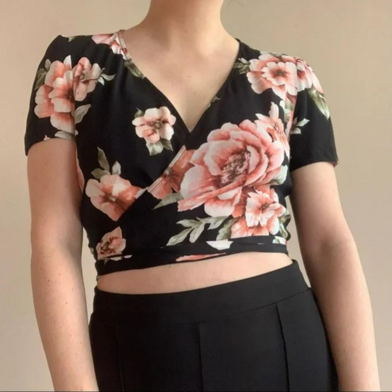 Forever 21 Black Floral Cropped Wrap Top Self Depop