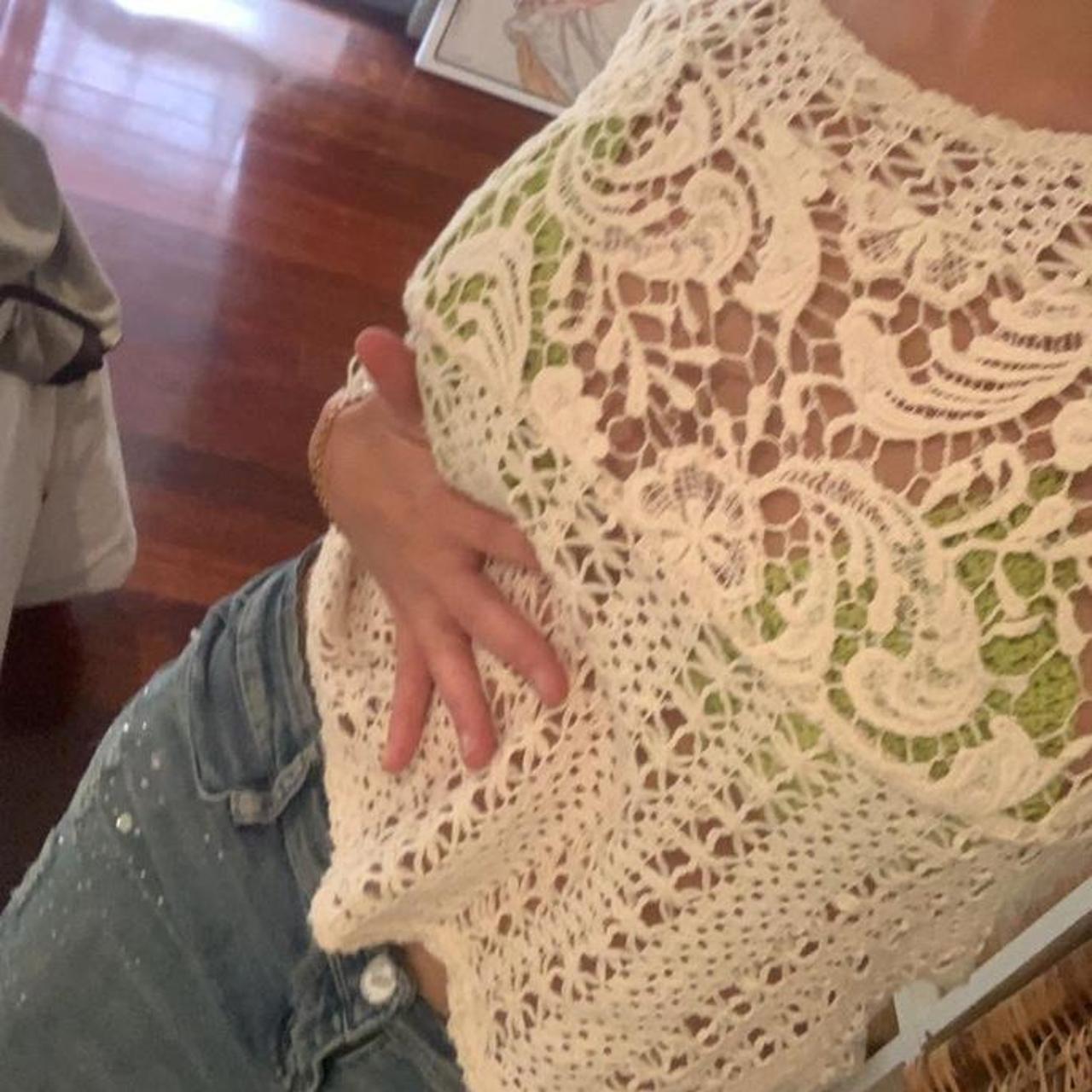 prettiest crochet 3 quarter sleeve top, so Depop