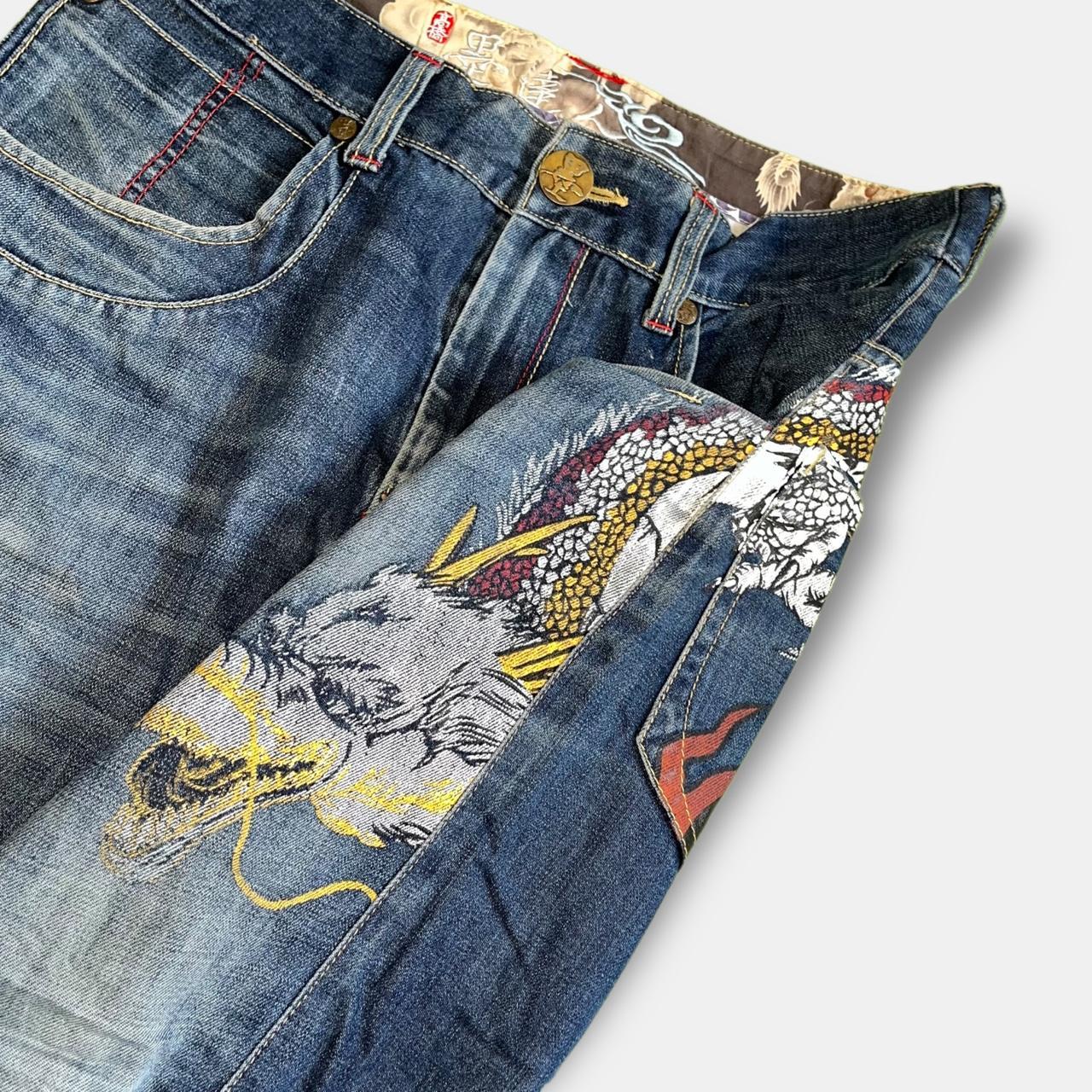 Japanese denim dragon print... - Depop