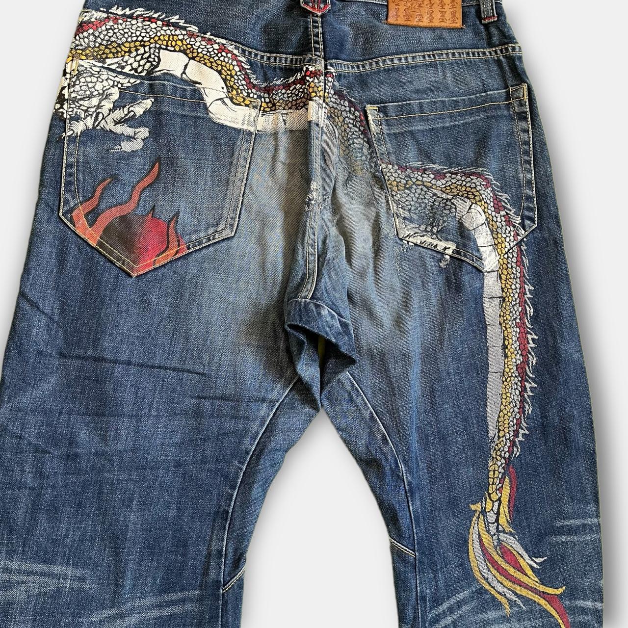 Japanese denim dragon print... - Depop
