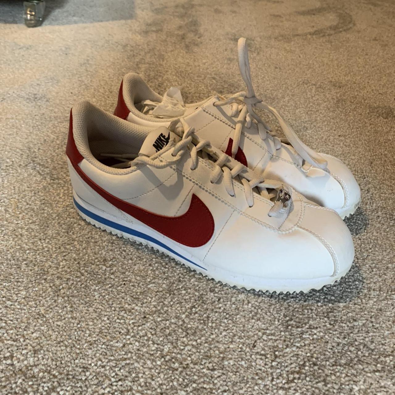 Hardly worn Nike Cortez trainers with white/blue/red... - Depop