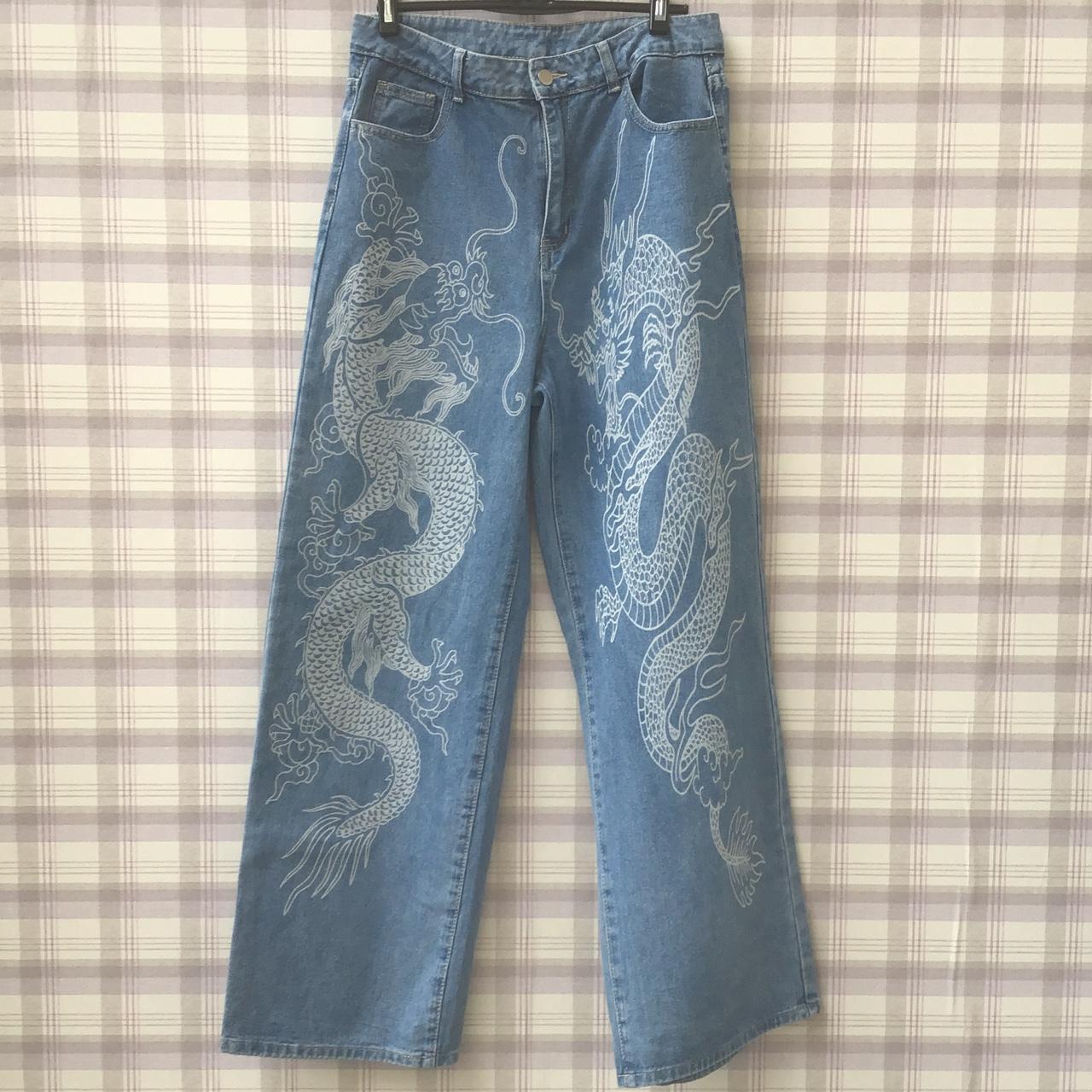 Shein Womans Baggy Jeans with Dragon Print Size... - Depop
