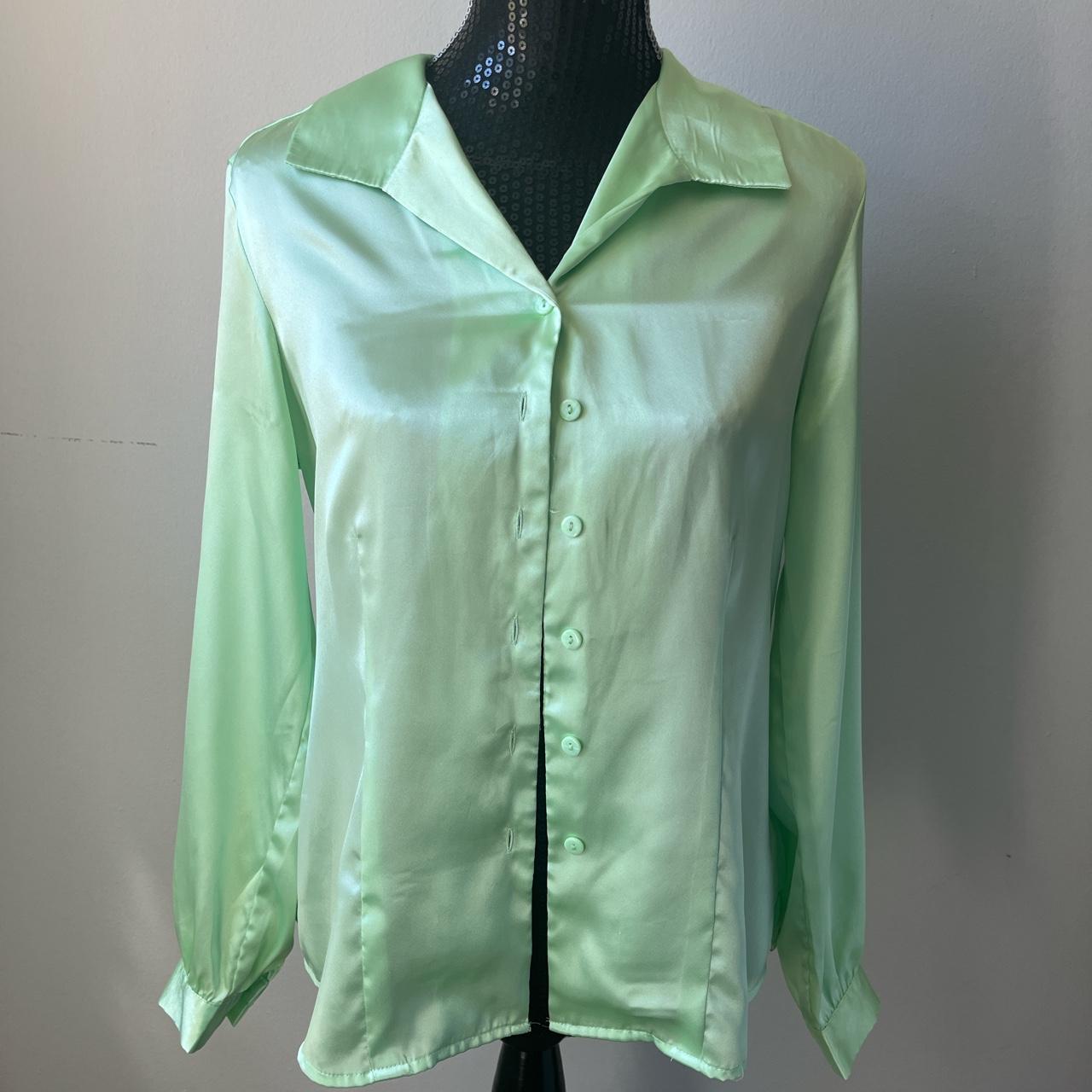 bright green silk button down This piece is a... Depop