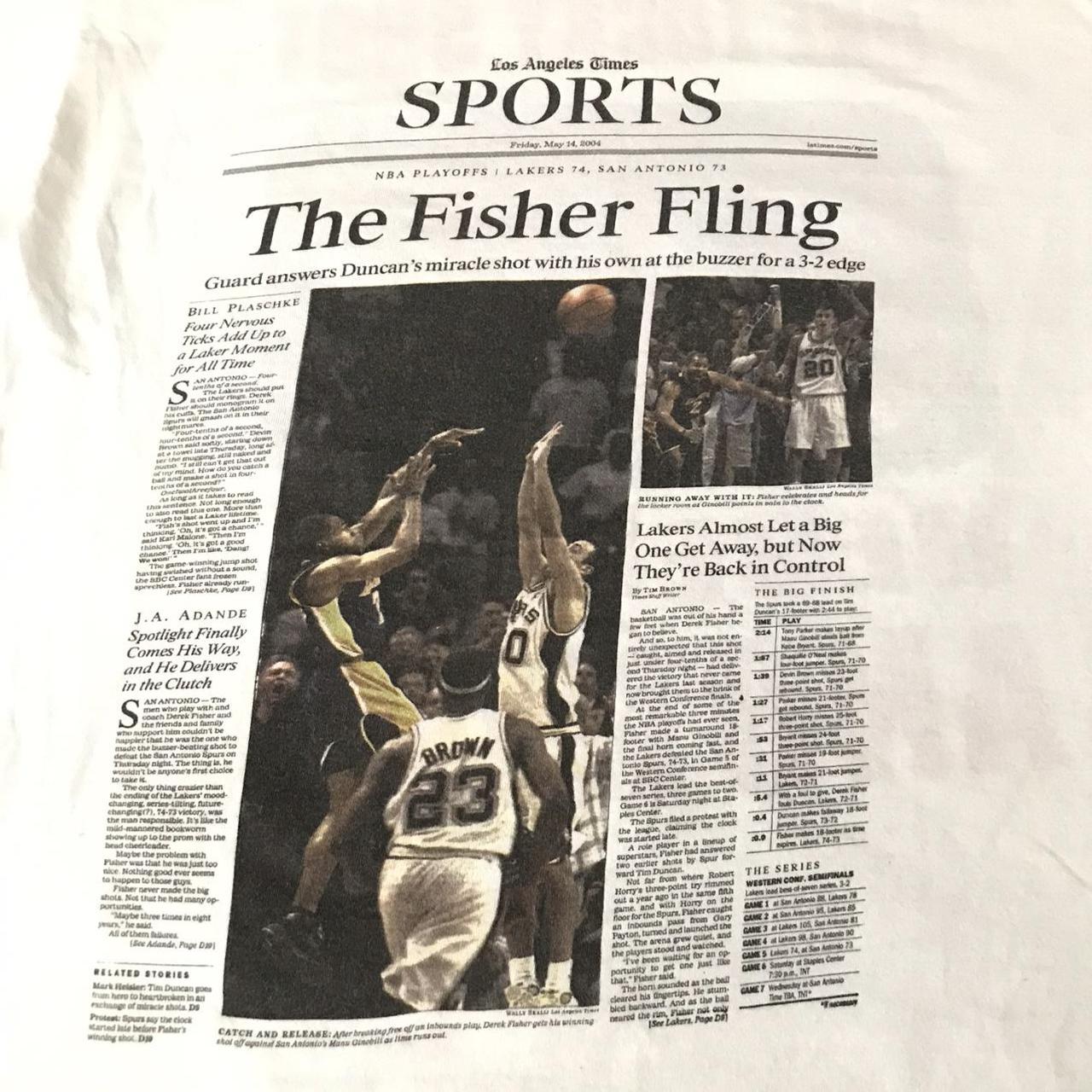 Vintage Y2K The Fisher Fling LA Times Lakers 0.04 Second Shot T-Shirt