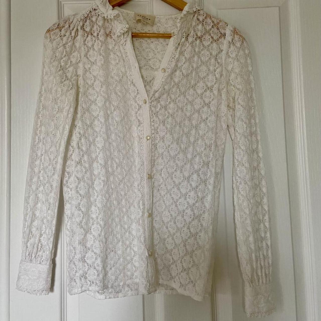 Sezane white lace style blouse with pearly buttons... - Depop