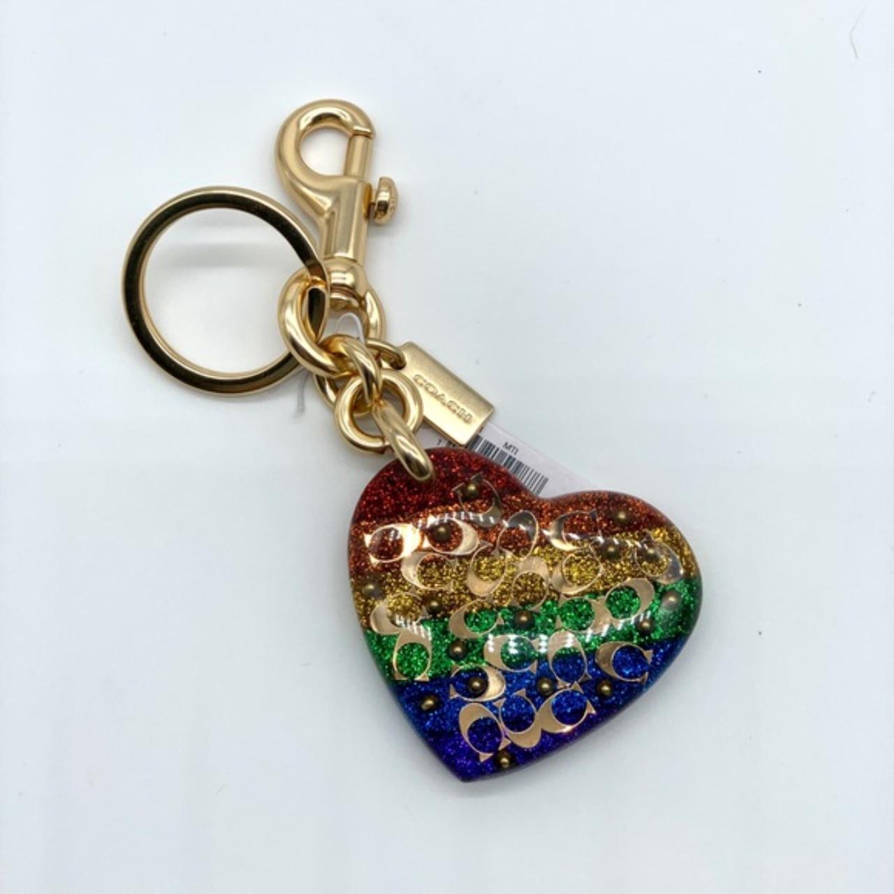 関税・送料込み★COACH★Rainbow Heart Charm Keychain Coach Pride Bag Charm Bag Keychain Rainbow Glitter | Depop