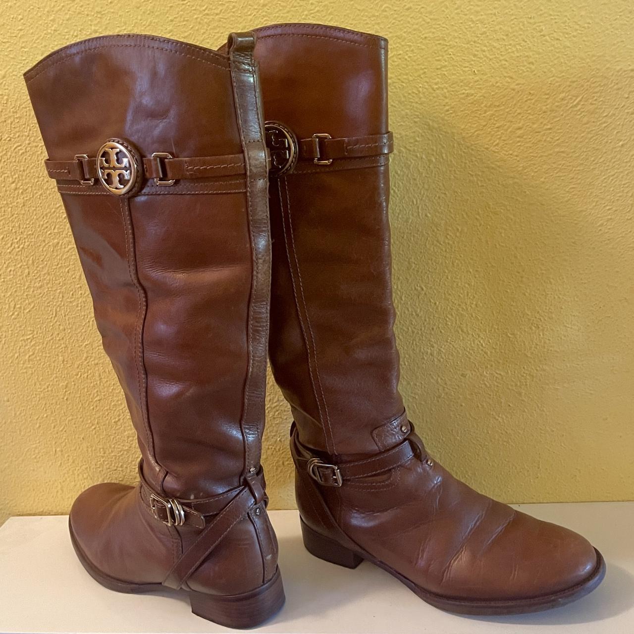 Tory Burch Women’s T-Hardware, Brown Leather Riding Boots, Size 9 M