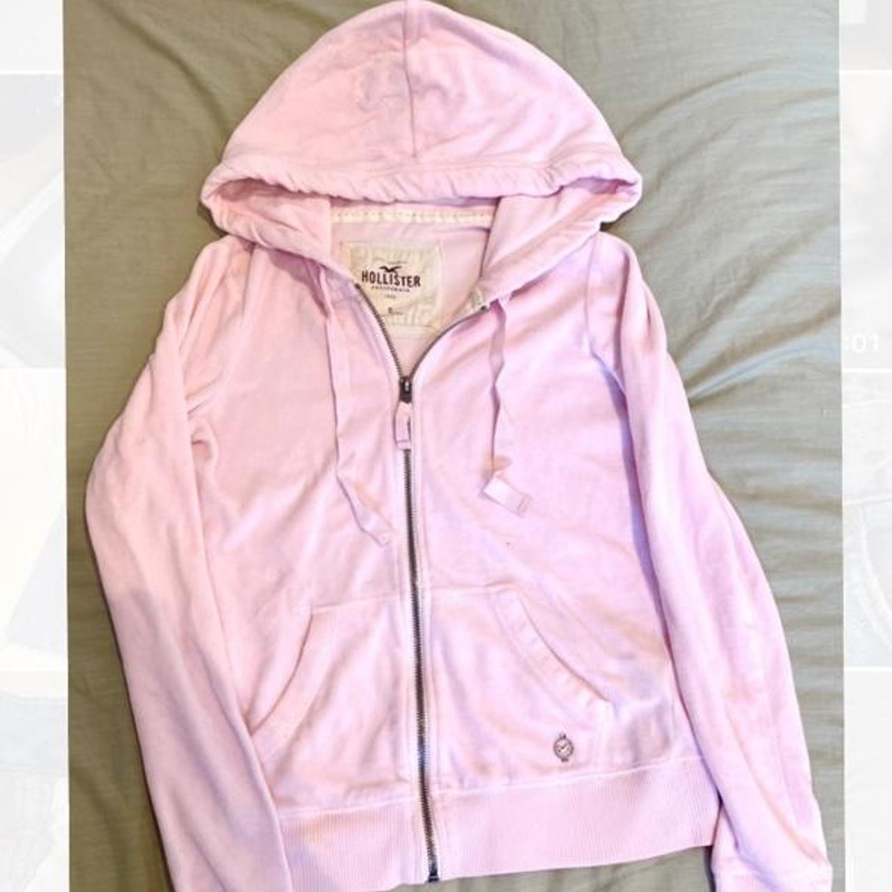 Super cute baby pink velour Hollister jacket. It has... - Depop
