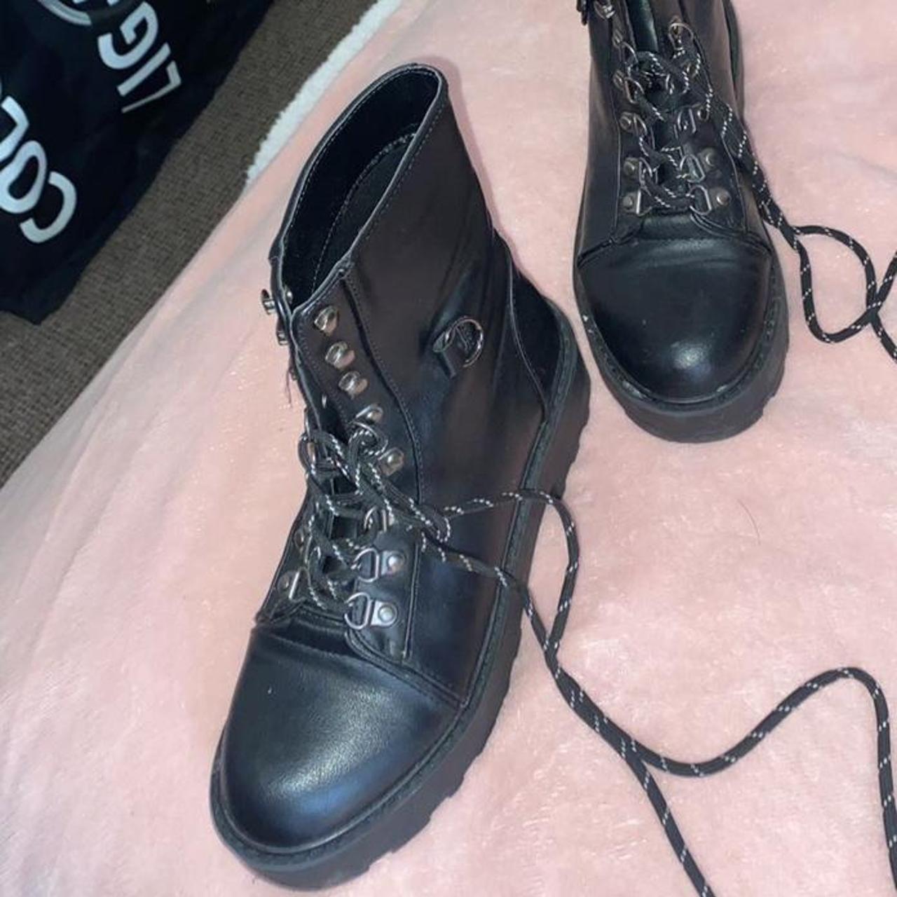 Black chunky biker boots size 3, worn once and in - Depop