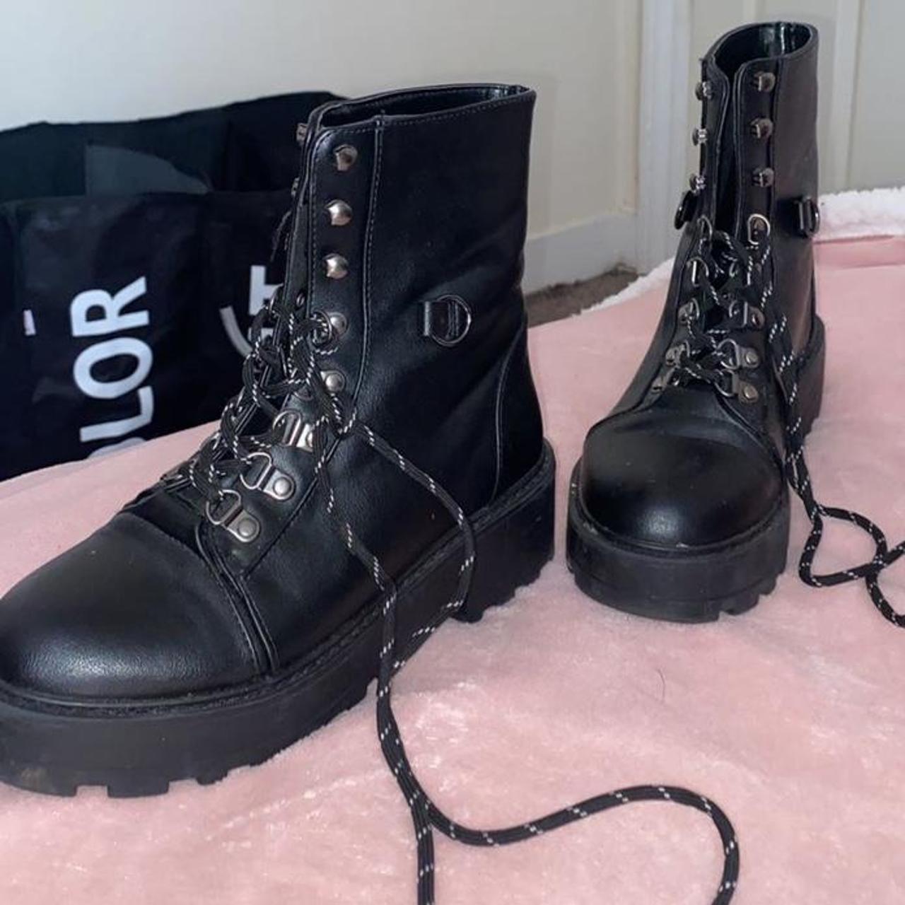 Black chunky biker boots size 3, worn once and in... - Depop