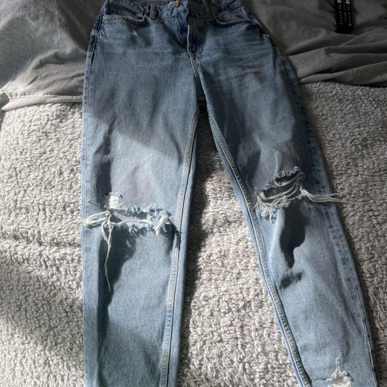 Zara high waisted raw hem jeans with rips in the... - Depop