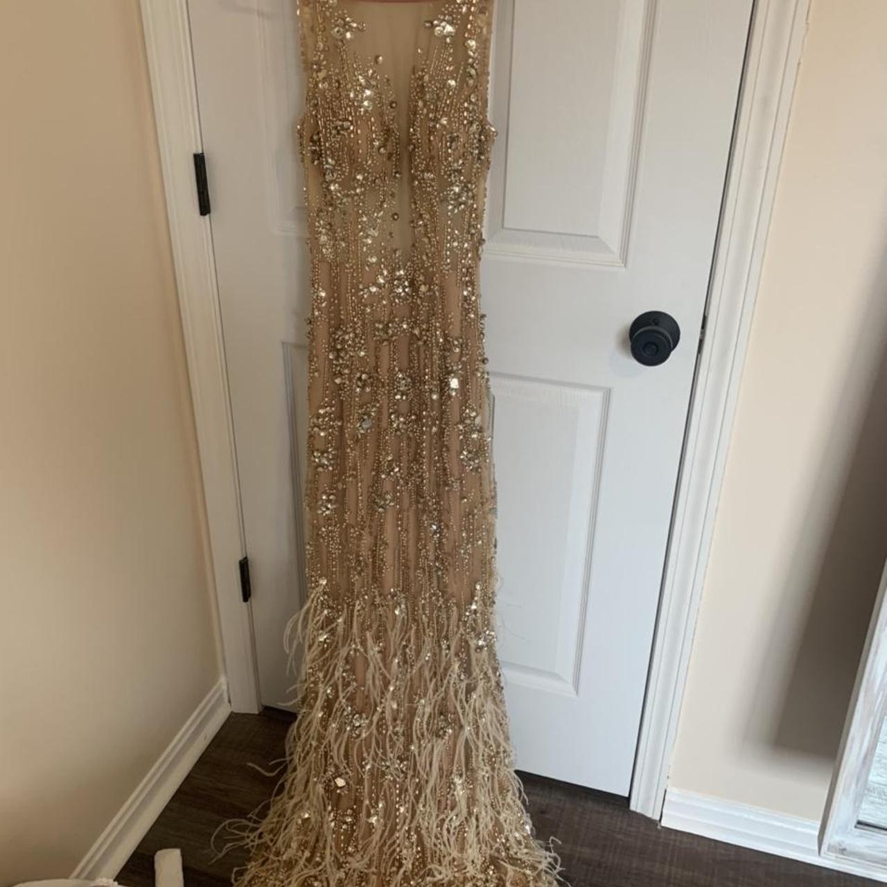 Henris Prom Dress Gold Feathers High neck Beaded... - Depop