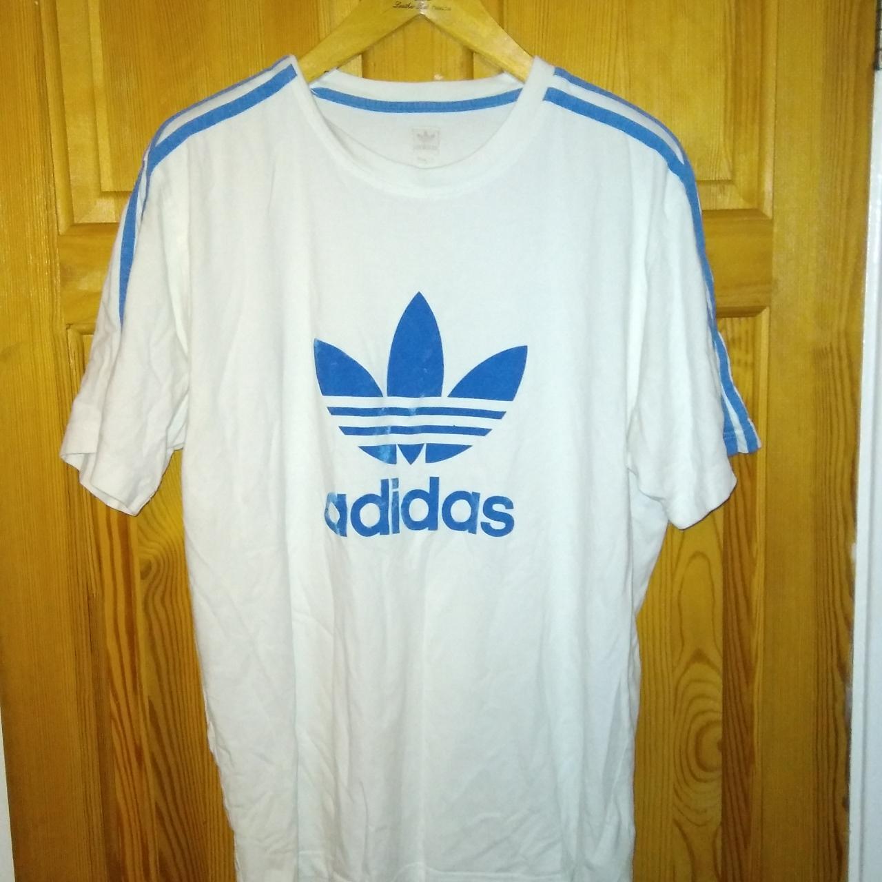 Rare Vintage adidas White and Blue T Shirt Large... - Depop